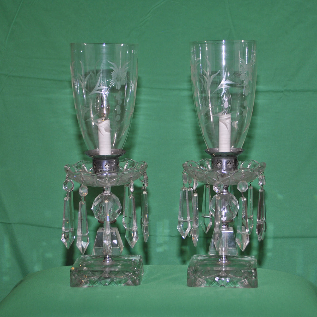 Vintage Crystal Boudoir Lamp Set with Dangling Prisms
